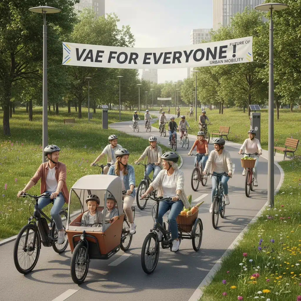Groupe diversifié de personnes de tous âges à vélo électrique sur une piste cyclable, illustrant l'accessibilité et la popularité des VAE.