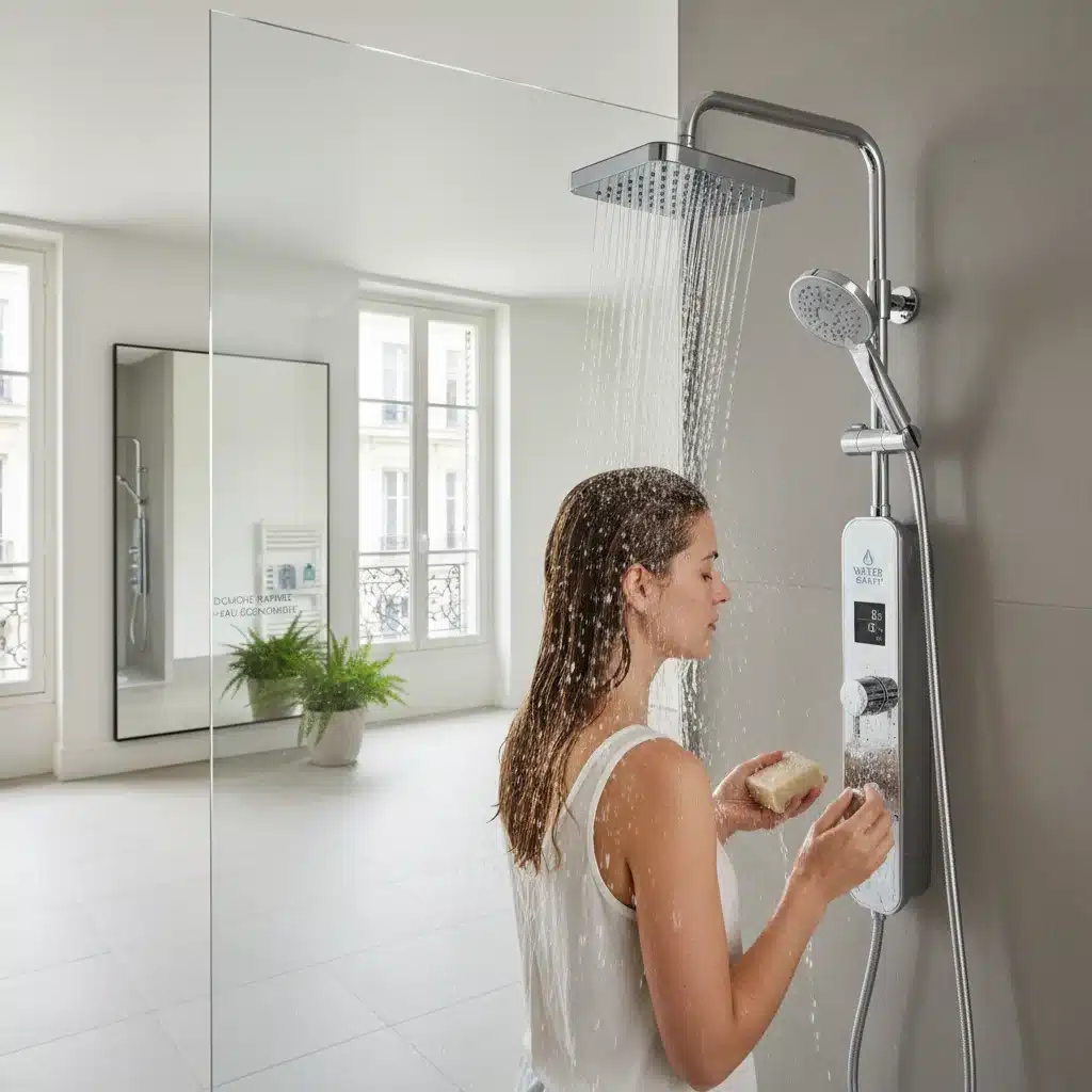 Personne sous une douche courte avec un pommeau économe en eau, illustrant une consommation responsable.