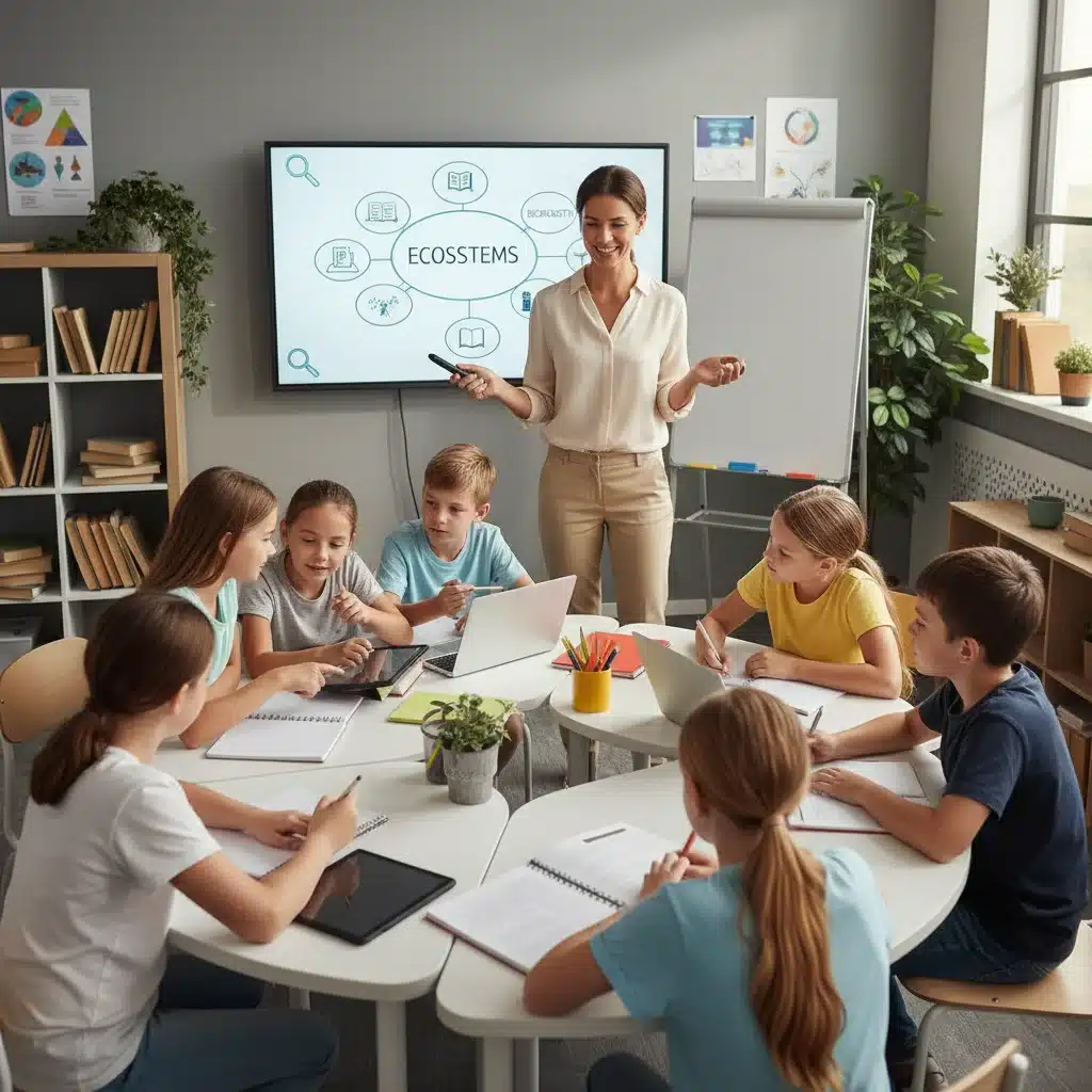 Élèves engagés dans l'apprentissage avec des outils numériques, reflétant l'intégration du digital dans l'éducation.