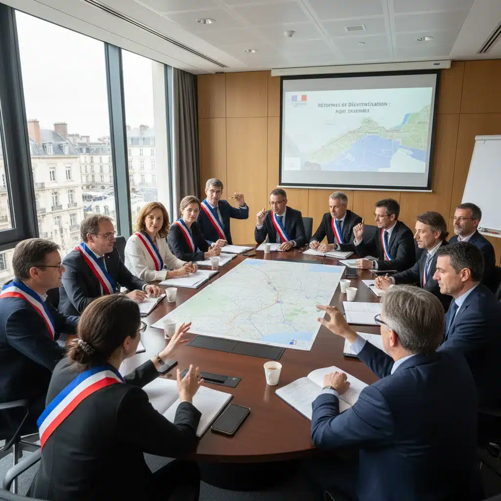 Élus locaux français débattant des enjeux et des impacts des lois de décentralisation.