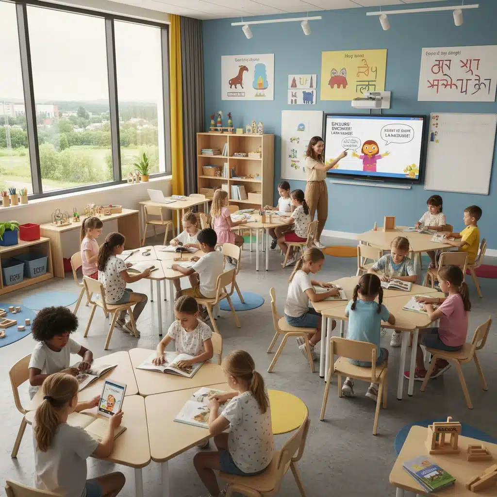 Enfants engagés dans un cours de langue régionale, utilisant des supports numériques et traditionnels, soulignant l'éducation bilingue et l'apprentissage ludique.