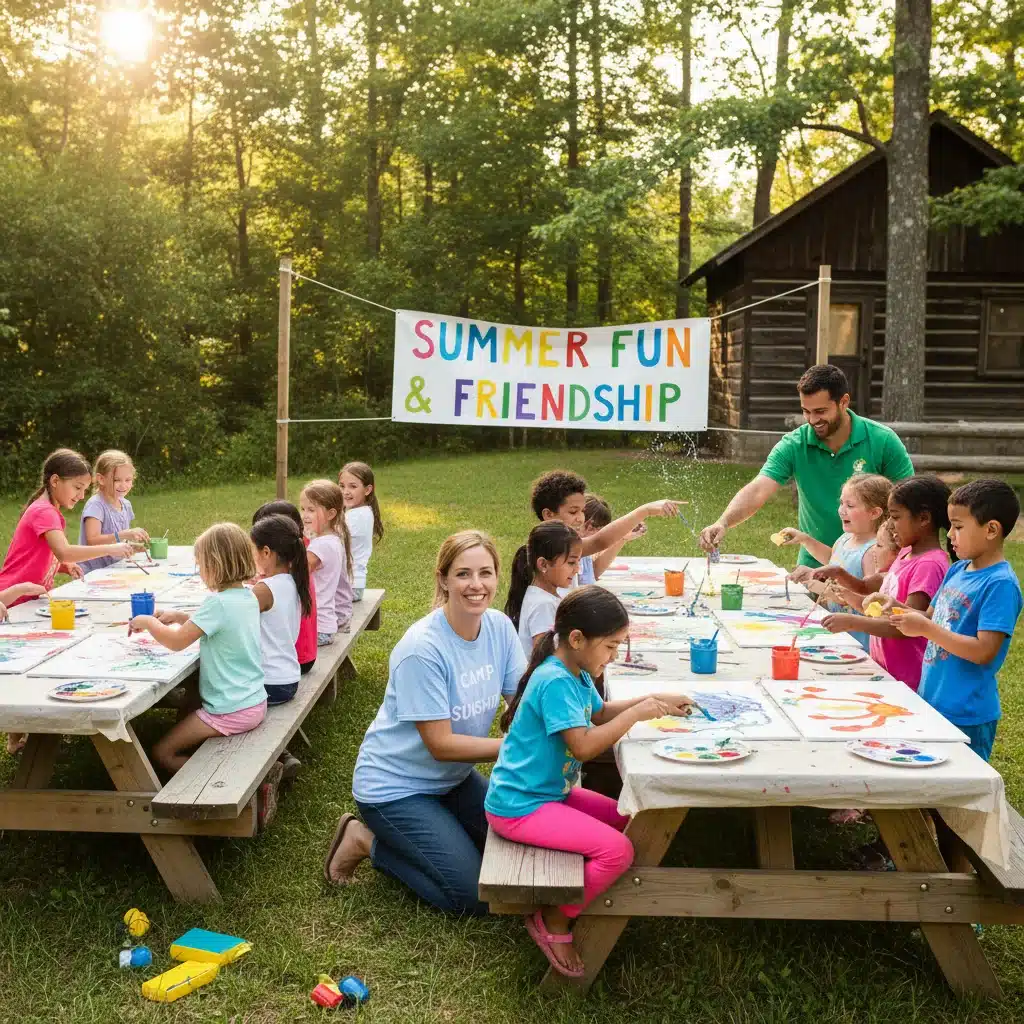 Enfants participant à des activités de camp de vacances grâce aux dispositifs d'aide.