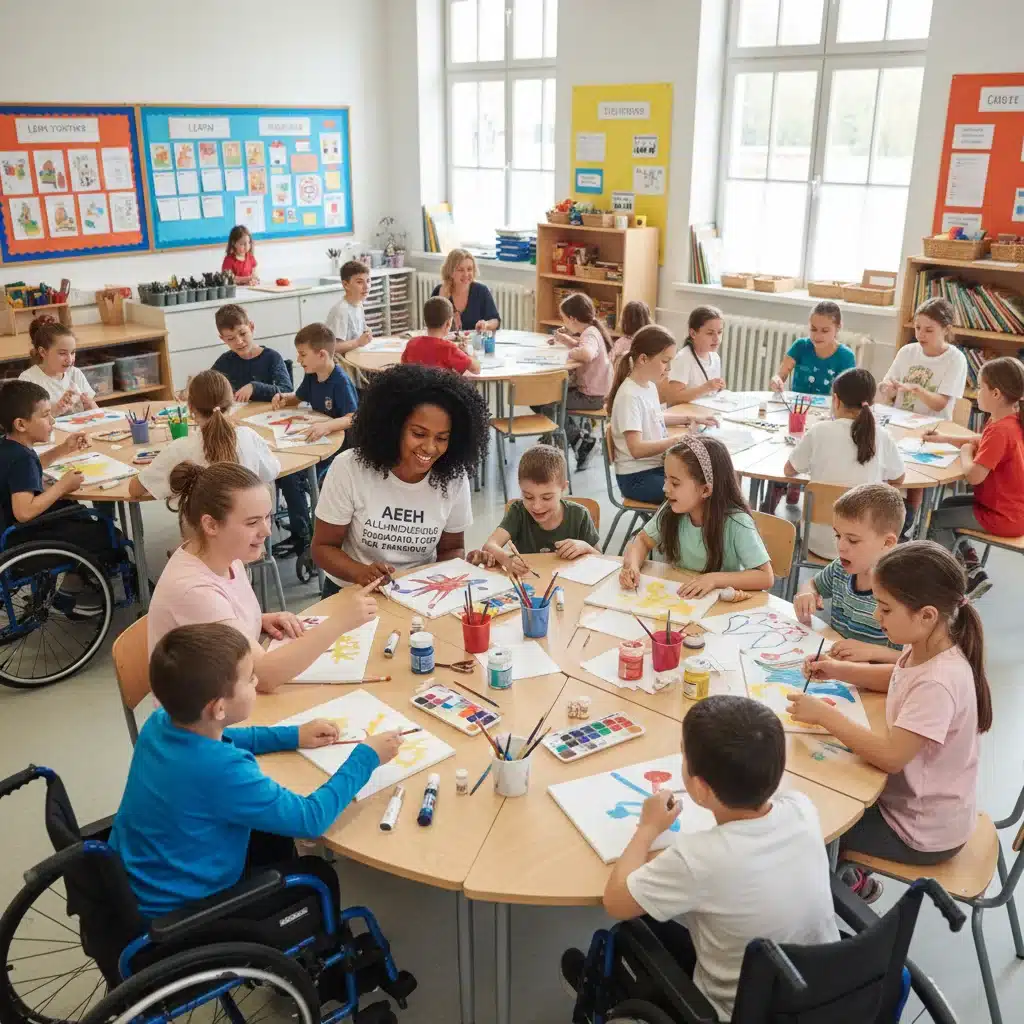 Groupe d'enfants handicapés participant à une activité éducative inclusive, mettant en avant l'éducation et l'inclusion.