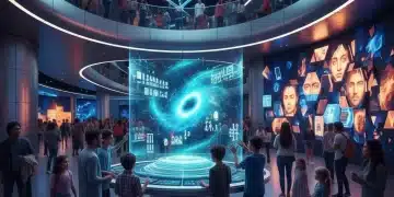 Groupe diversifié interagissant avec des expositions holographiques dans un musée moderne, symbolisant le storytelling culturel innovant.