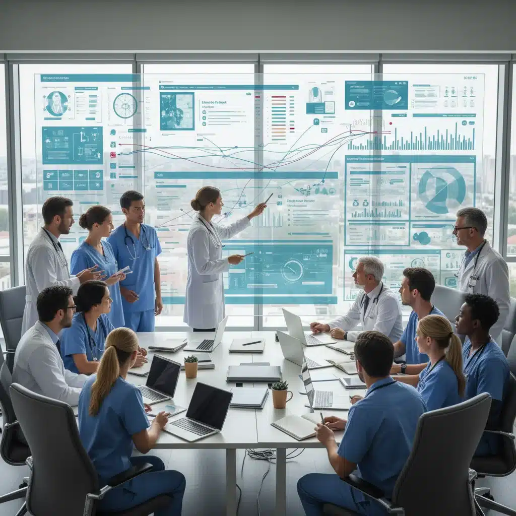 Équipe multidisciplinaire de professionnels de santé collaborant autour d'un écran de données patient, pour des parcours de soins intégrés.