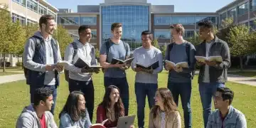 Groupe d'étudiants souriants sur un campus universitaire en France en 2026, symbolisant les aides étudiantes.