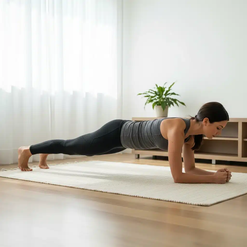 Une personne exécutant une planche parfaite, démontrant un exercice de renforcement de base essentiel pour l'entraînement à domicile.