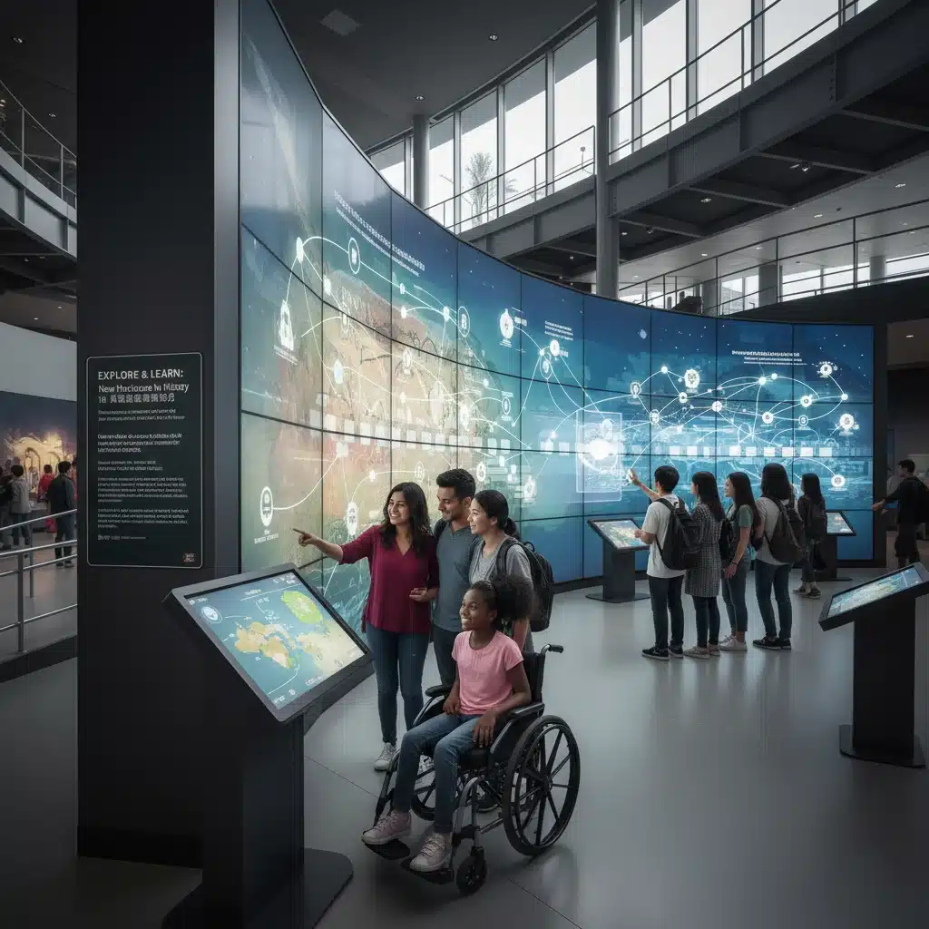 Visiteurs interagissant avec une exposition numérique, illustrant l'accès et l'éducation accrus.