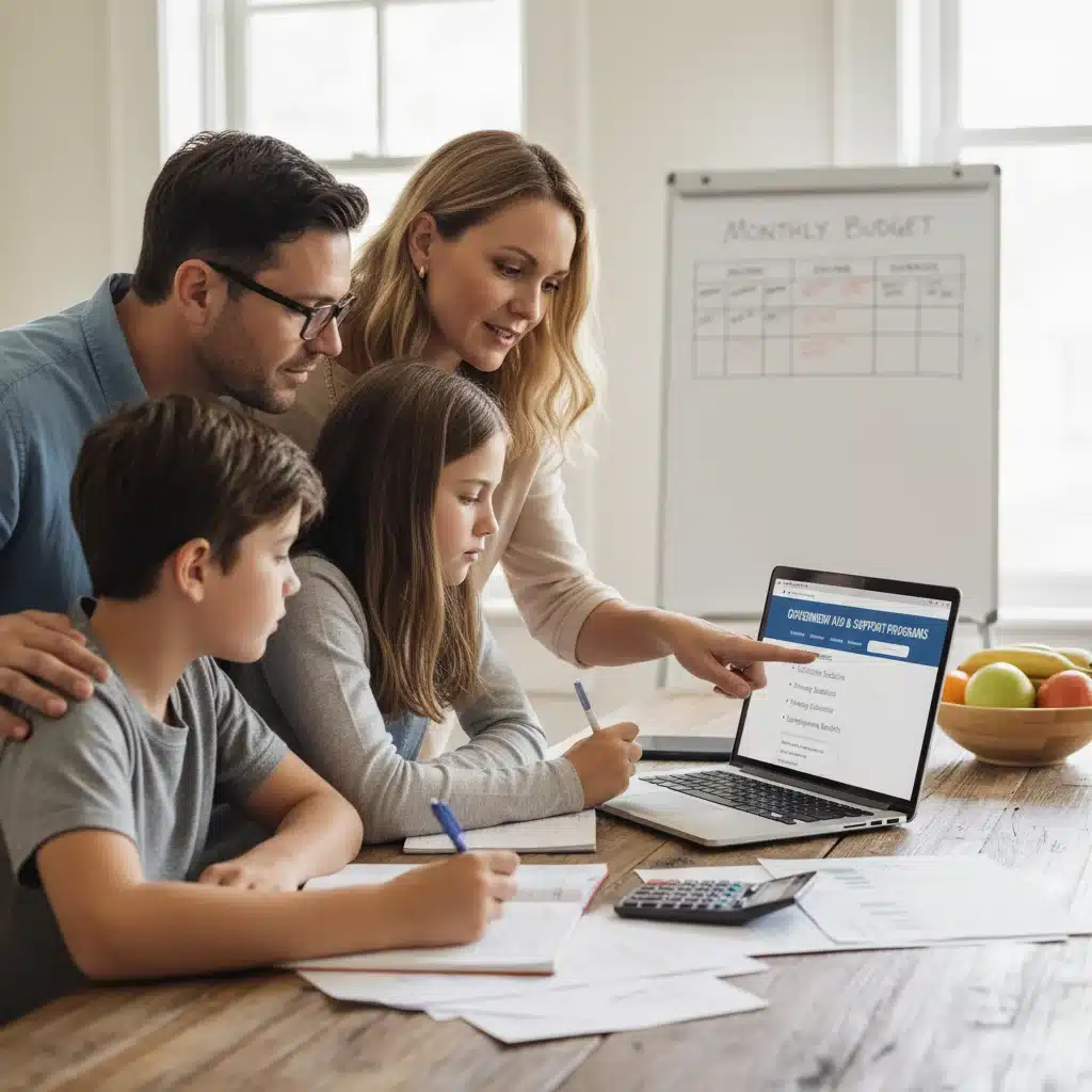 Famille discutant de son budget et des aides sociales disponibles, symbole de l'adaptation financière.