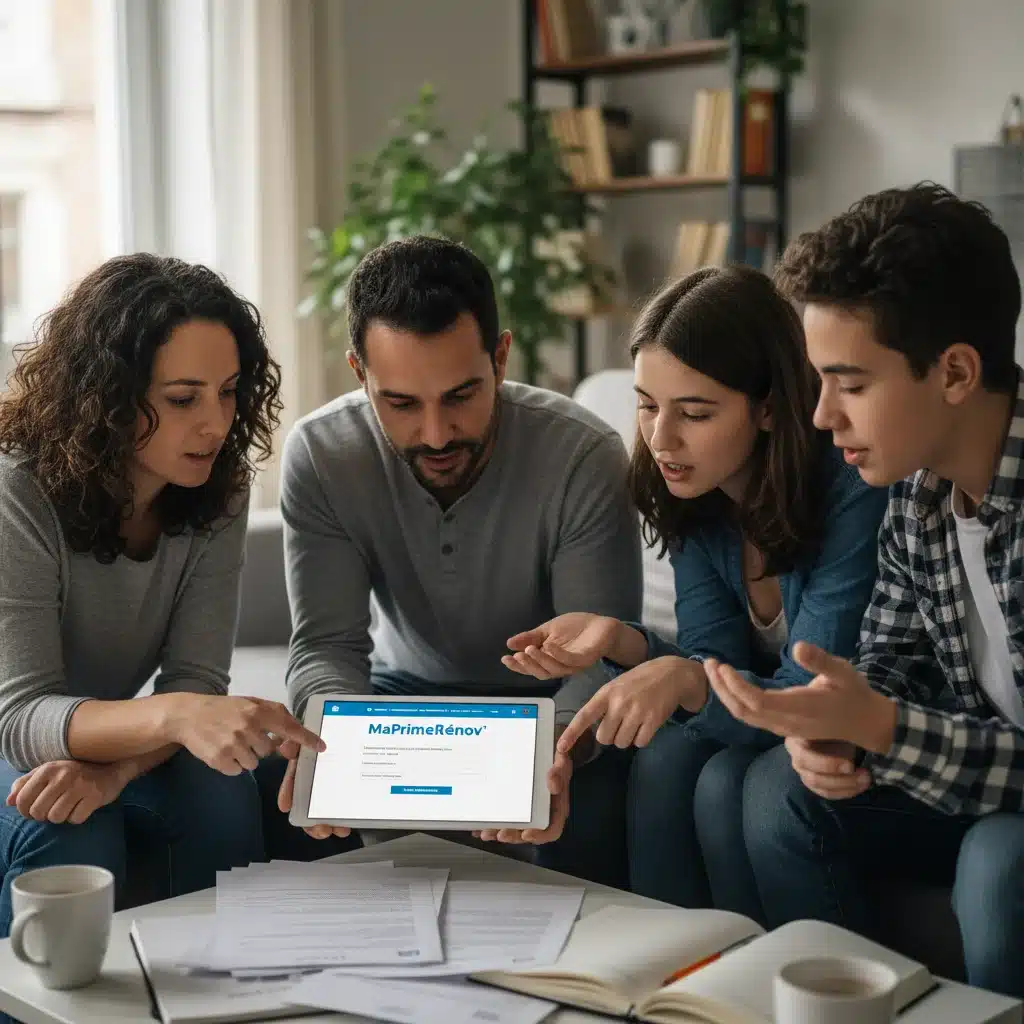 Famille consultant le portail MaPrimeRénov' pour simuler et déposer une demande d'aide à la rénovation énergétique.