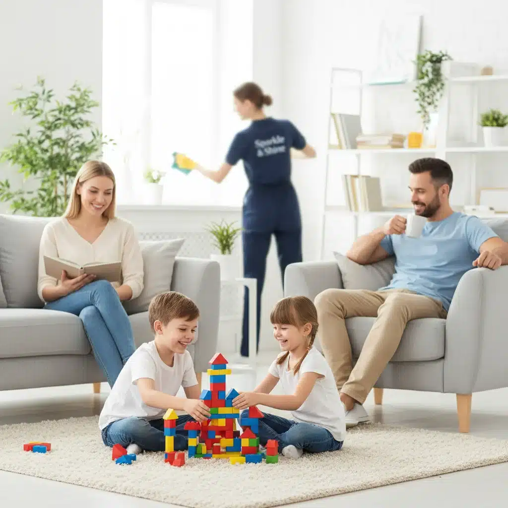 Famille dans une maison propre grâce à un service de ménage, illustrant les avantages des aides à domicile.