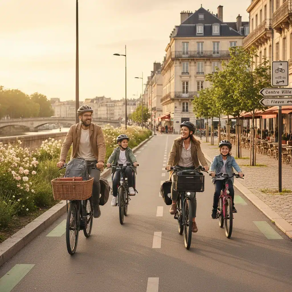 Famille souriante à vélo électrique sur une piste cyclable en ville, profitant de la mobilité douce.