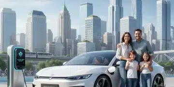 Bonus Écologique 2026 : Jusqu'à 7 000€ pour Véhicule Propre - Conditions & Éligibilité Famille souriante devant une voiture électrique à une borne de recharge, symbolisant le bonus écologique 2026.