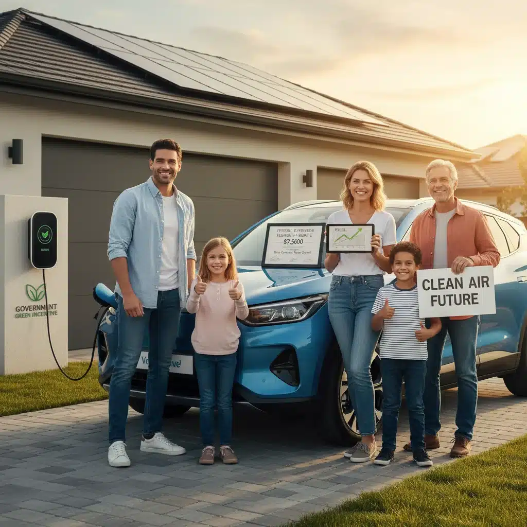 Famille heureuse devant leur nouvelle voiture électrique, bénéficiant des subventions gouvernementales.