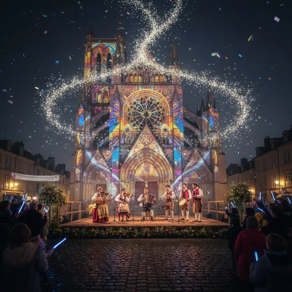 Spectacle de lumière nocturne sur l'architecture historique lors d'une fête locale française avec des musiciens folkloriques.