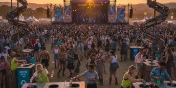 Scène de festival musical avec des participants engagés dans le tri des déchets et des infrastructures écologiques, symbolisant l'engagement zéro déchet.