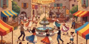Fêtes Locales France 2026 : Traditions Réinventées à Découvrir Illustration colorée d'une fête locale française animée avec danses, costumes traditionnels et stands de nourriture.