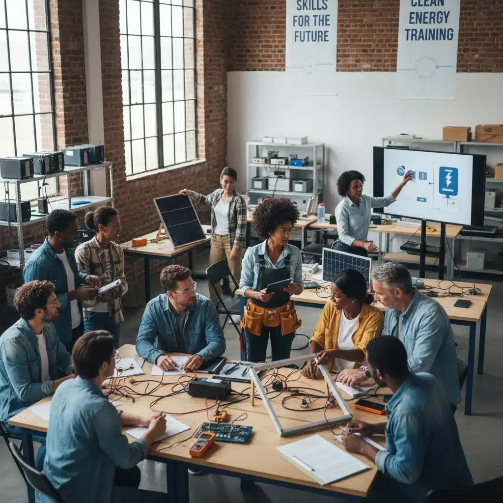 Groupe diversifié d'adultes en formation professionnelle pratique, illustrant l'impact du financement sur l'acquisition de nouvelles compétences.