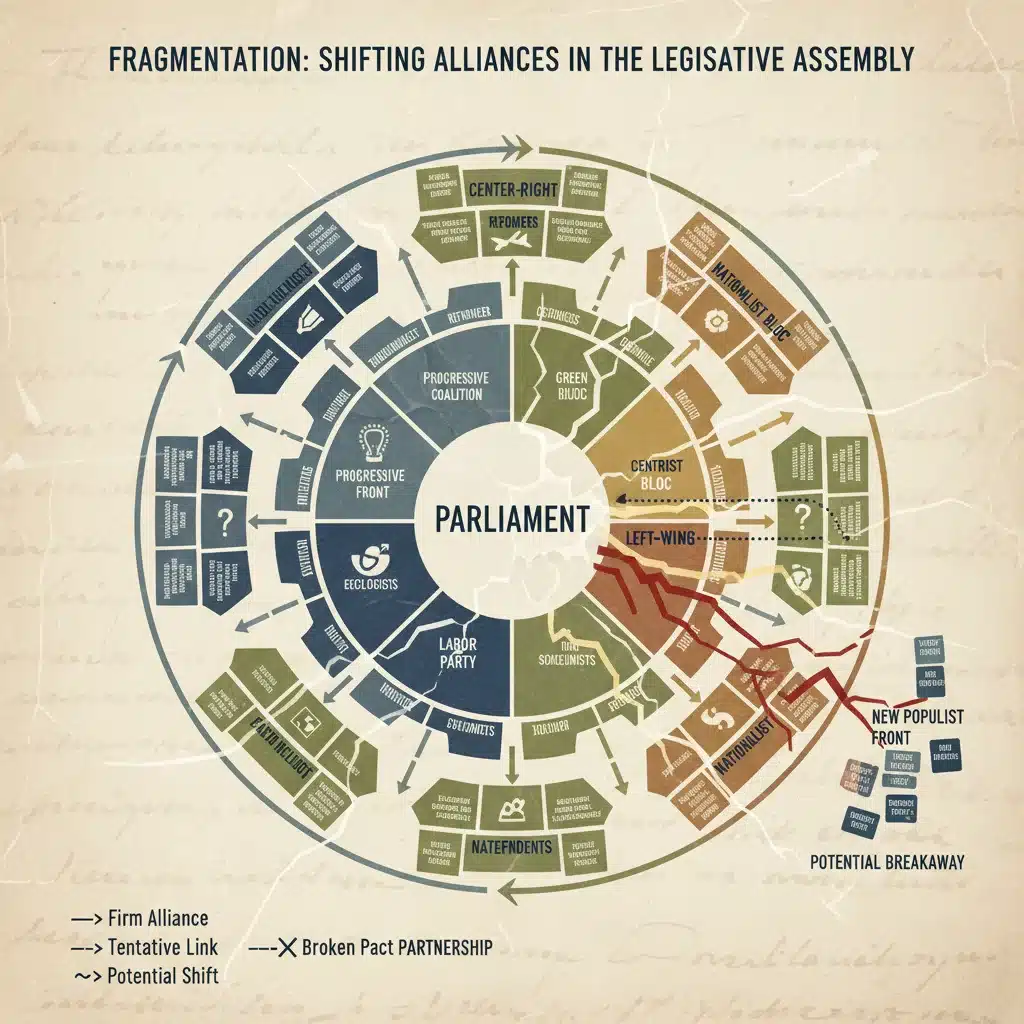 Infographie complexe illustrant la fragmentation des coalitions politiques et les alliances changeantes autour de la réforme.