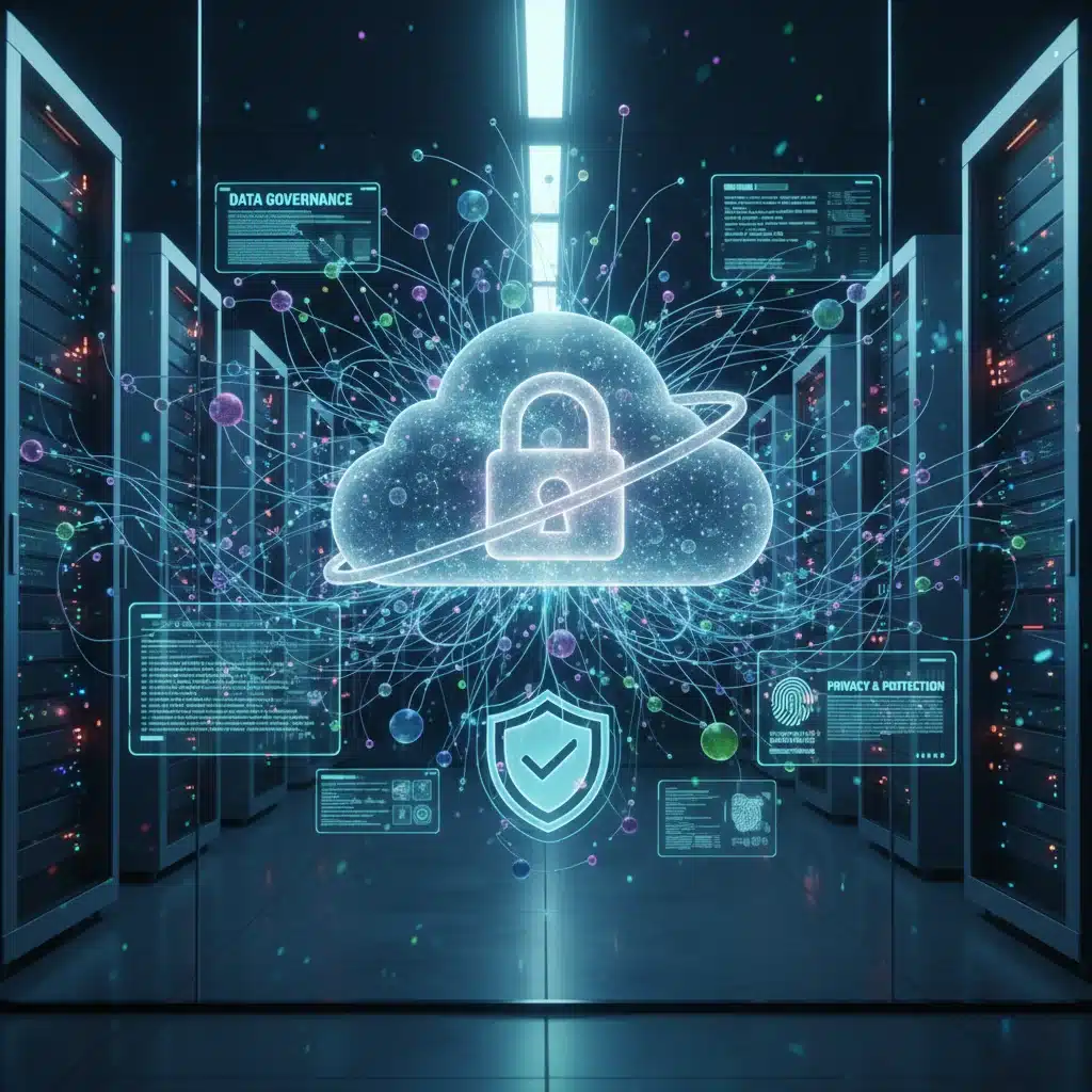 Réseau complexe de données sécurisées avec un cadenas, symbolisant le contrôle et la protection des informations, au cœur de la souveraineté numérique.
