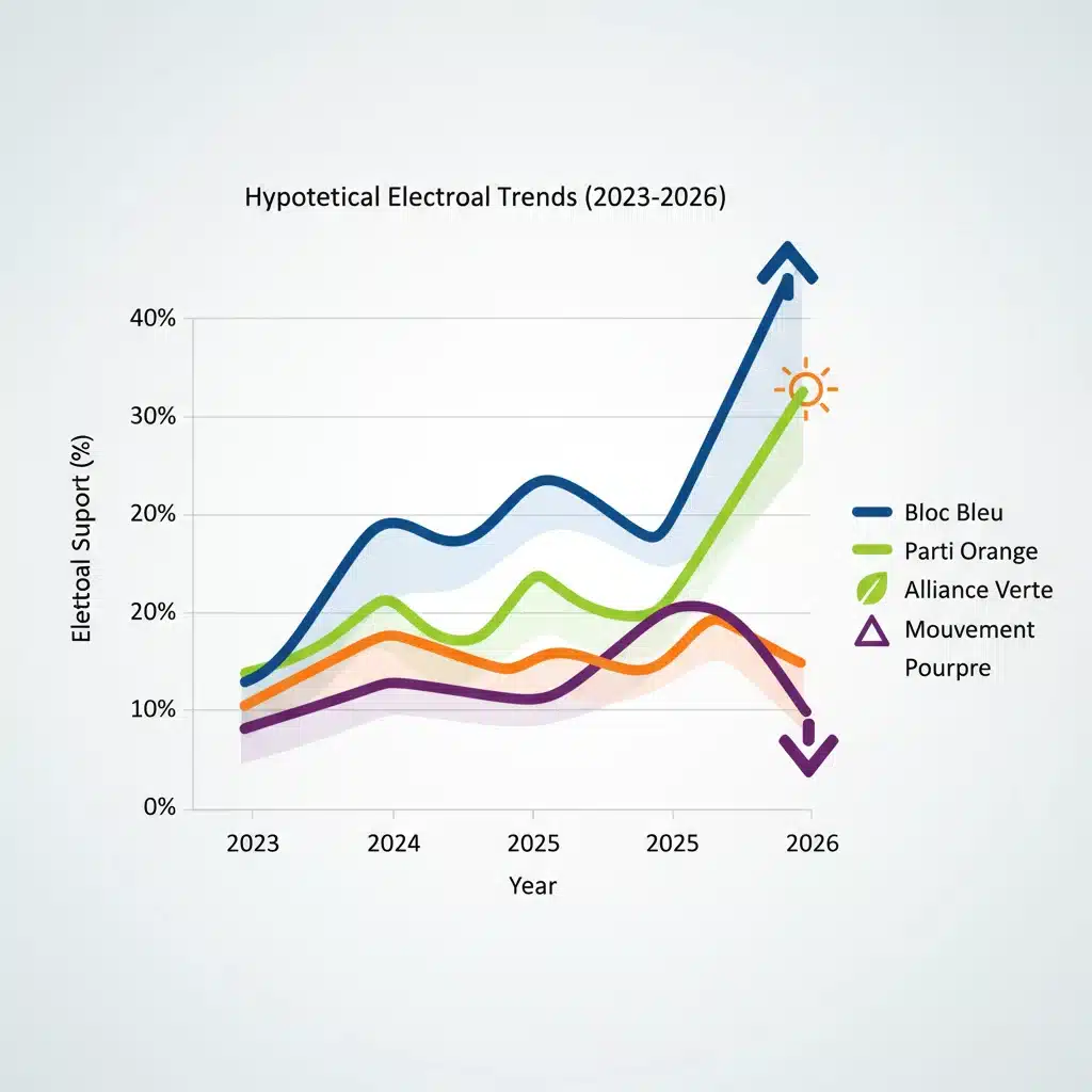 Graphique de l'évolution électorale des partis politiques français entre 2023 et 2026, illustrant les gains et les pertes de popularité.