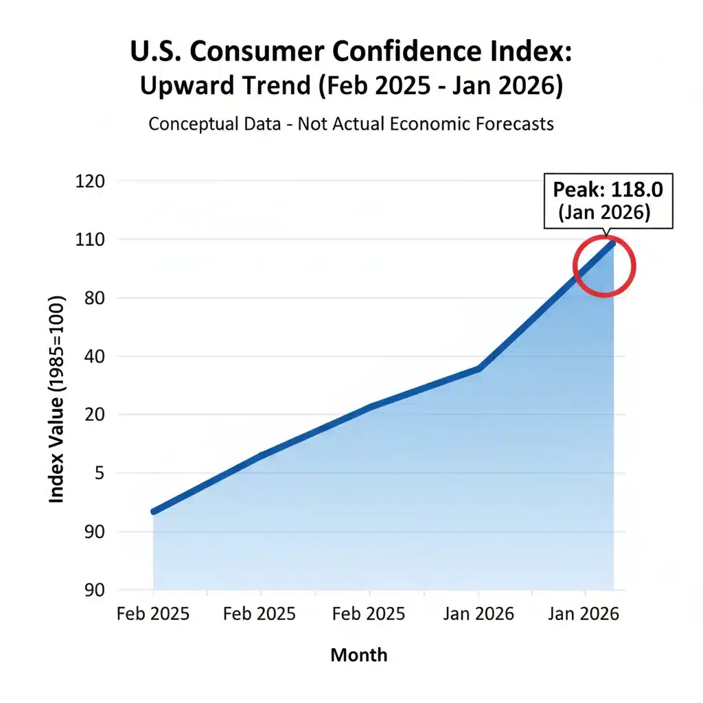 Graphique montrant la hausse de l'indice de confiance des consommateurs américains sur 12 mois, culminant en janvier 2026.