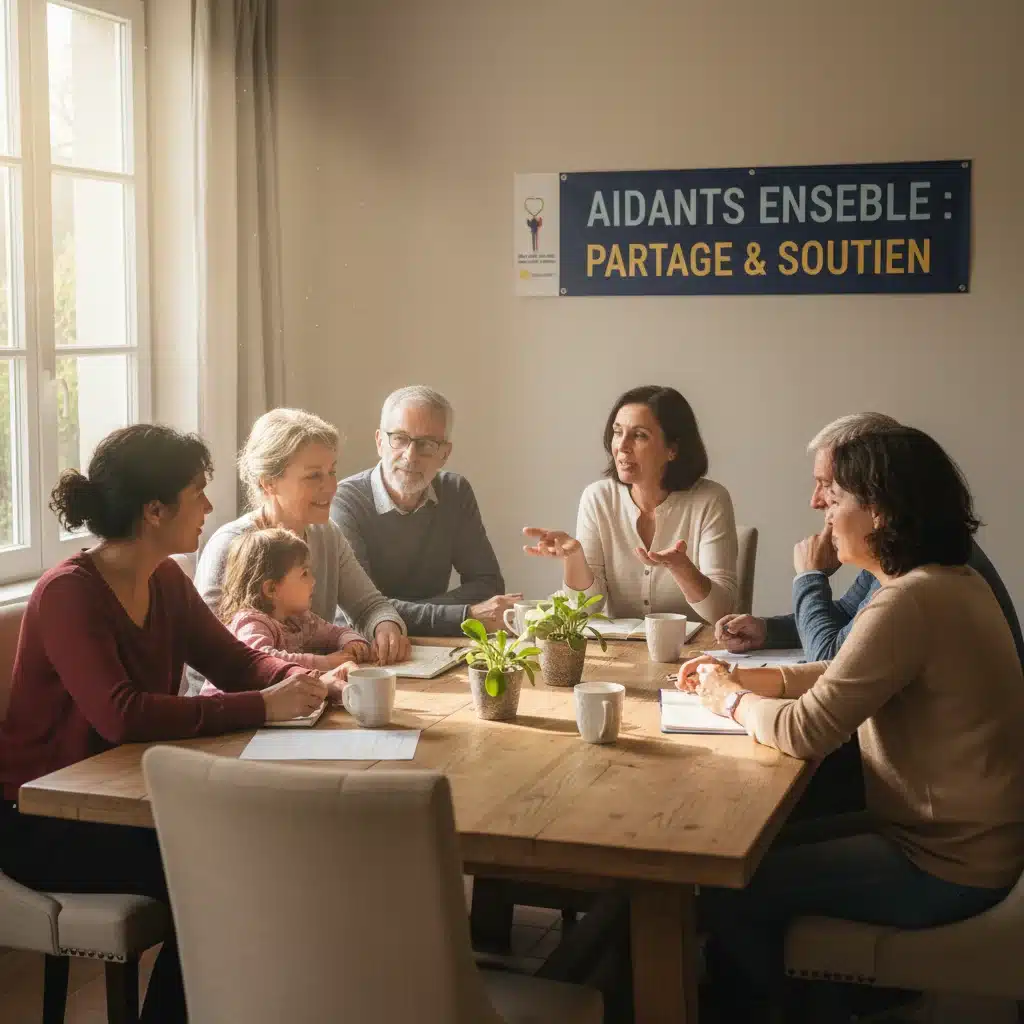 Groupe de soutien discutant des aides et démarches pour les aidants familiaux.