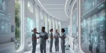 Couloir d'hôpital futuriste avec écrans numériques et professionnels de santé, symbolisant les réformes de la santé 2026.
