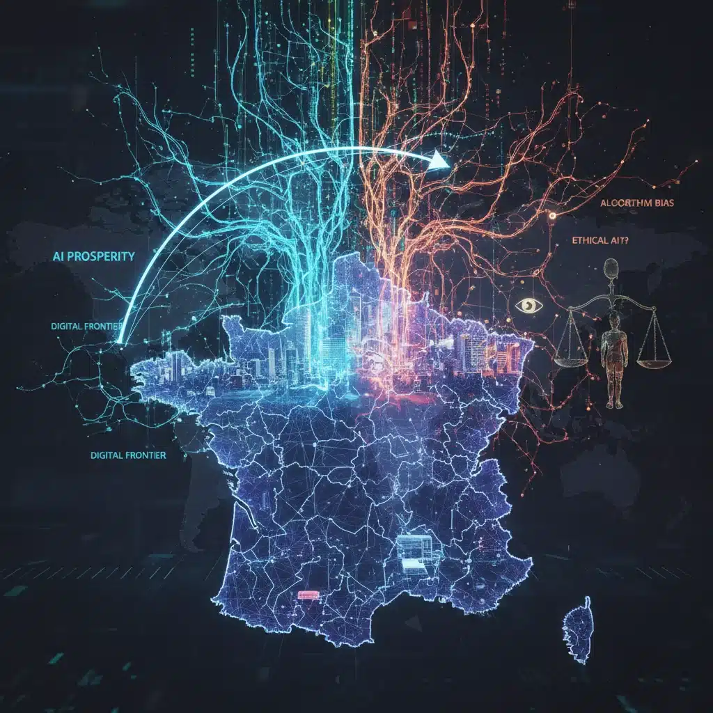 Intelligence artificielle et transformation numérique en France, symbolisant les défis éthiques et technologiques.