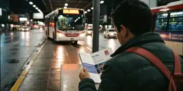 Una persona leyendo un folleto sobre ayudas sociales en una parada de autobús urbana en México, con luces de la ciudad de fondo.