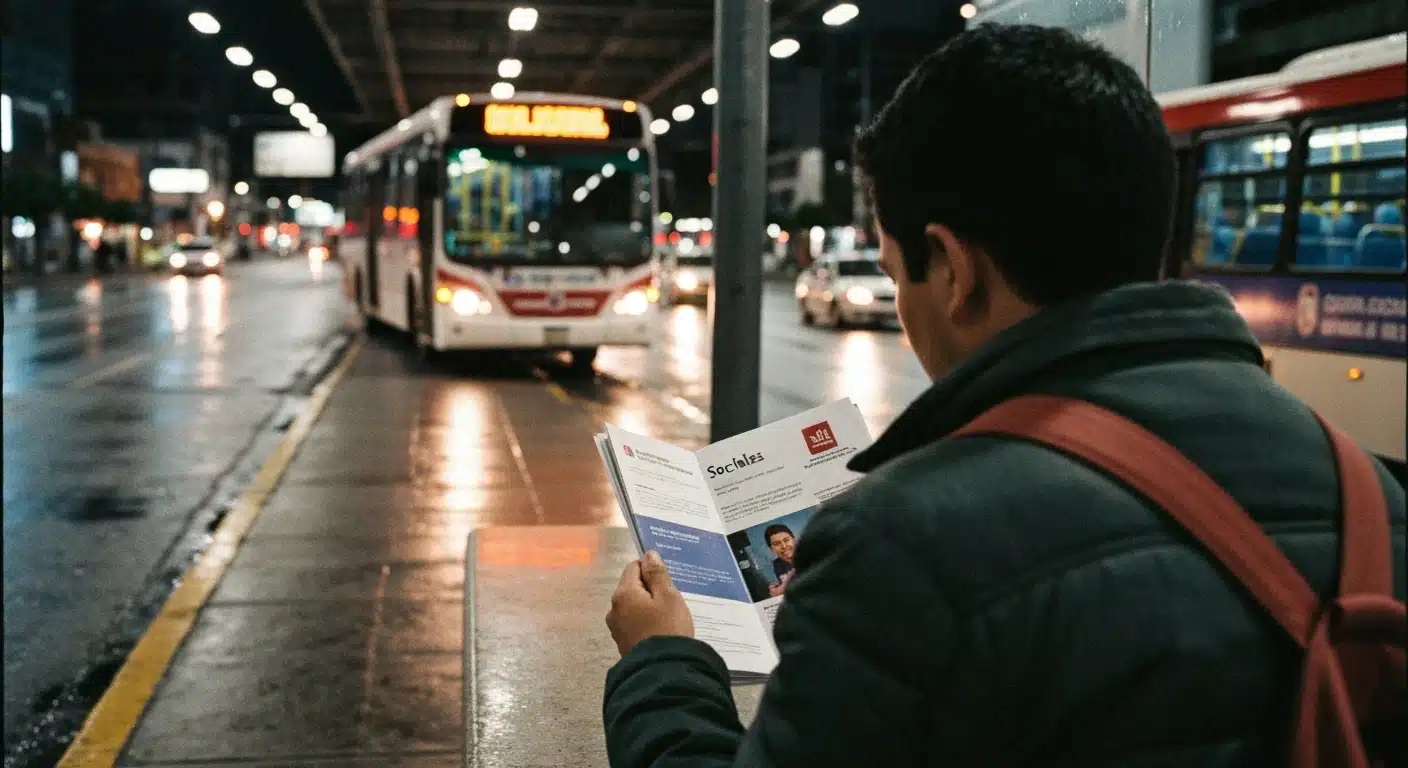 Una persona leyendo un folleto sobre ayudas sociales en una parada de autobús urbana en México, con luces de la ciudad de fondo.
