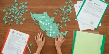 Manos de mujer ensamblando un rompecabezas de un mapa de México con símbolos de ayudas sociales sobre una mesa de madera, con documentos y una carpeta verde. Representa comprender el sistema de apoyos sociales.
