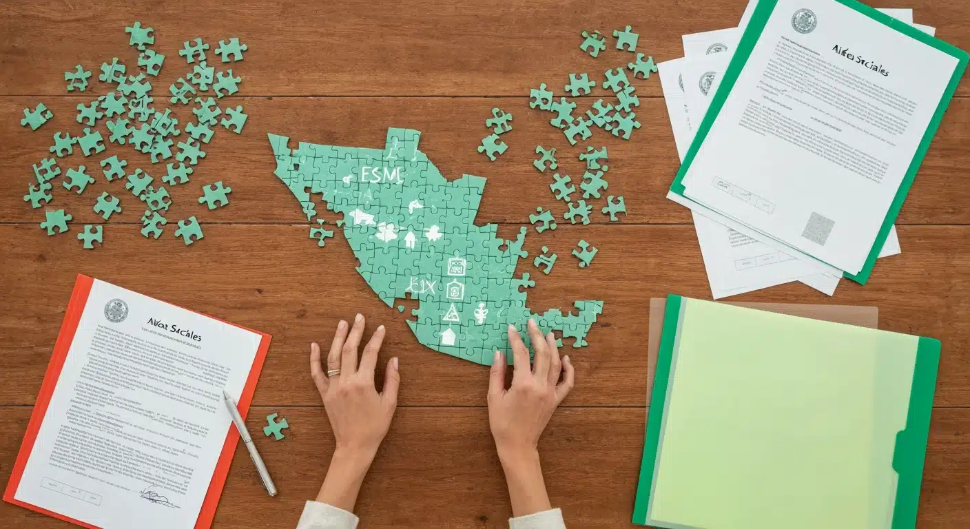 Manos de mujer ensamblando un rompecabezas de un mapa de México con símbolos de ayudas sociales sobre una mesa de madera, con documentos y una carpeta verde. Representa comprender el sistema de apoyos sociales.