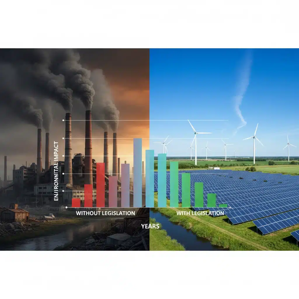 Comparaison visuelle de l'impact environnemental de deux secteurs industriels différents, soulignant les enjeux de la législation.