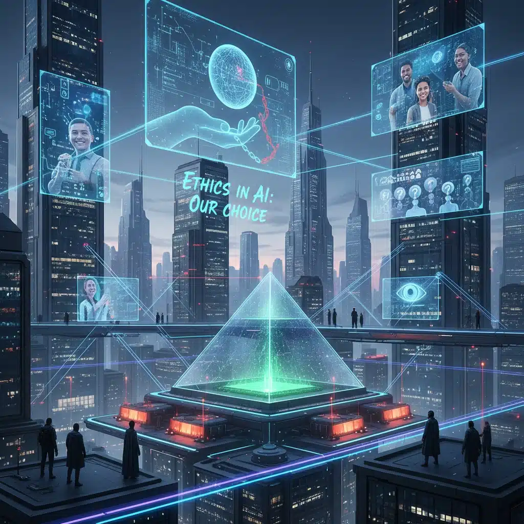 Paysage urbain futuriste illustrant l'impact sociétal de l'IA et les défis éthiques.