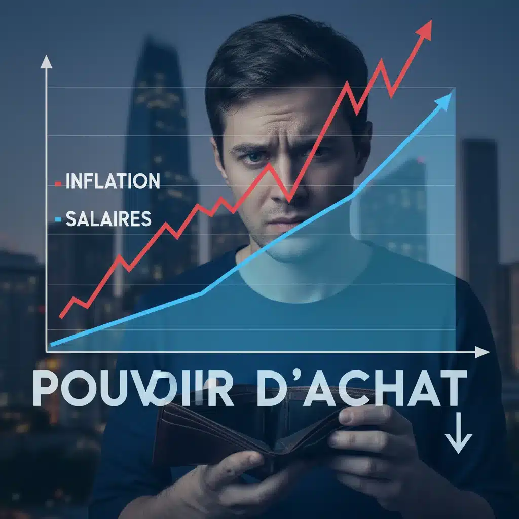 Graphique illustrant la hausse de l'inflation et la stagnation des salaires, symbolisant la crise du pouvoir d'achat.