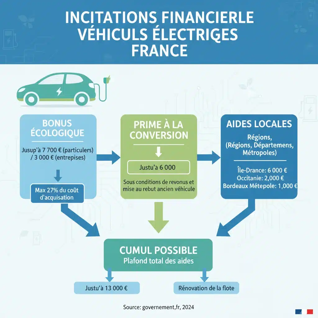 Infographie détaillant les différentes aides financières pour l'achat d'un véhicule électrique en France.