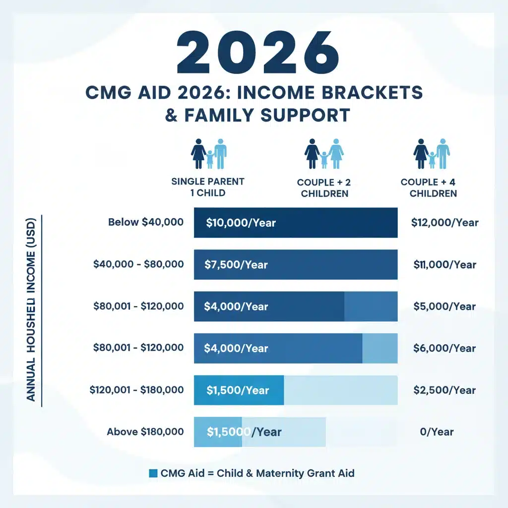 Infographie des barèmes de revenus CMG 2026 et montants d'aide associés pour les familles.