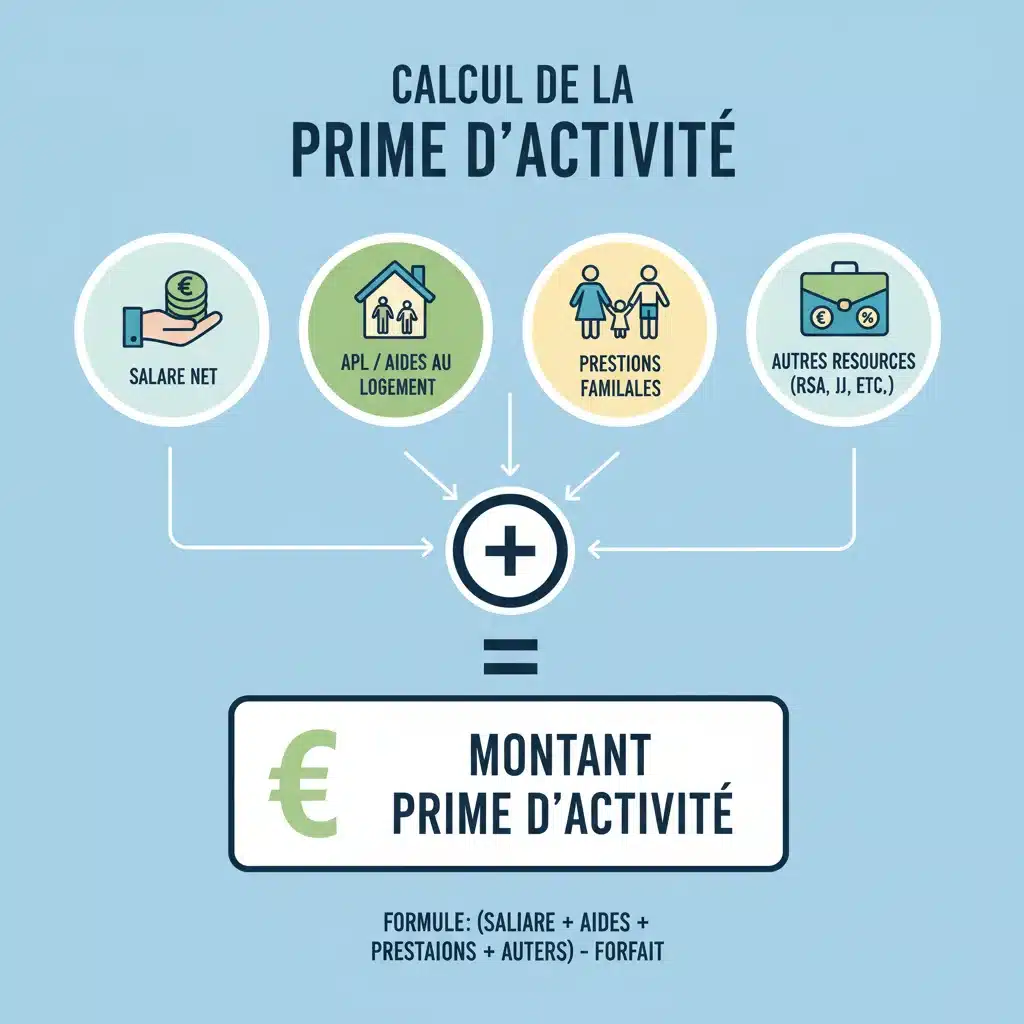 Infographie détaillée expliquant les différentes composantes de calcul de la Prime d'activité, incluant salaires, aides au logement et prestations familiales.
