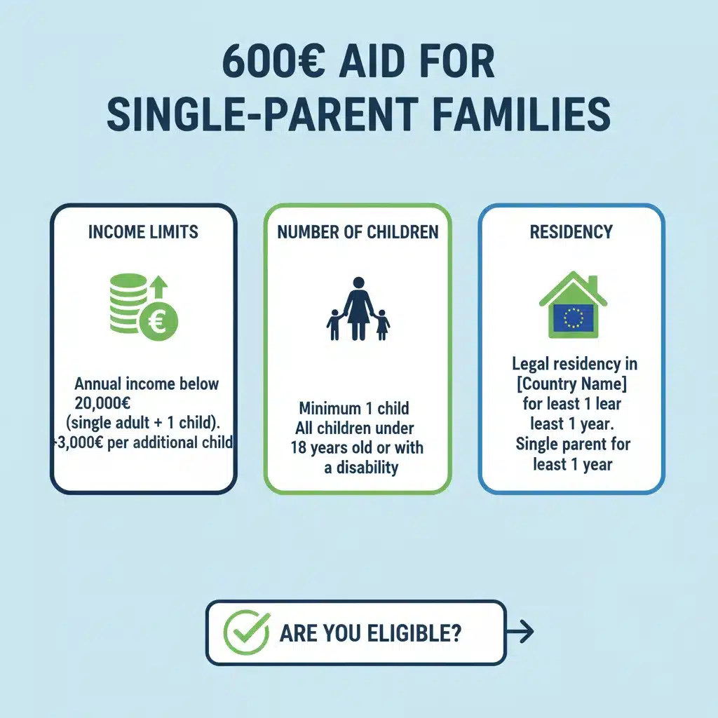 Infographie détaillée des critères d'éligibilité pour l'aide de 600 euros aux familles monoparentales.