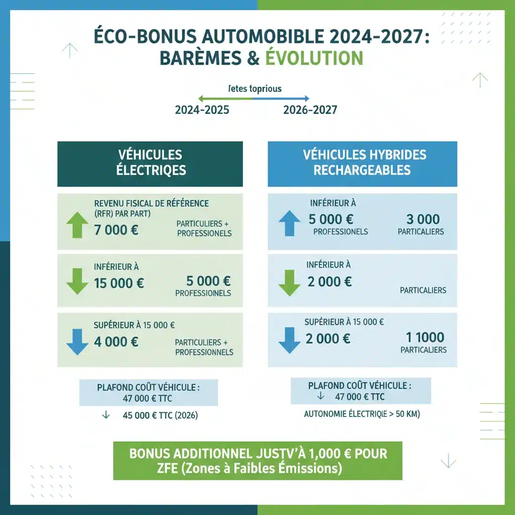 Infographie détaillant les montants du bonus écologique selon les revenus et types de véhicules.