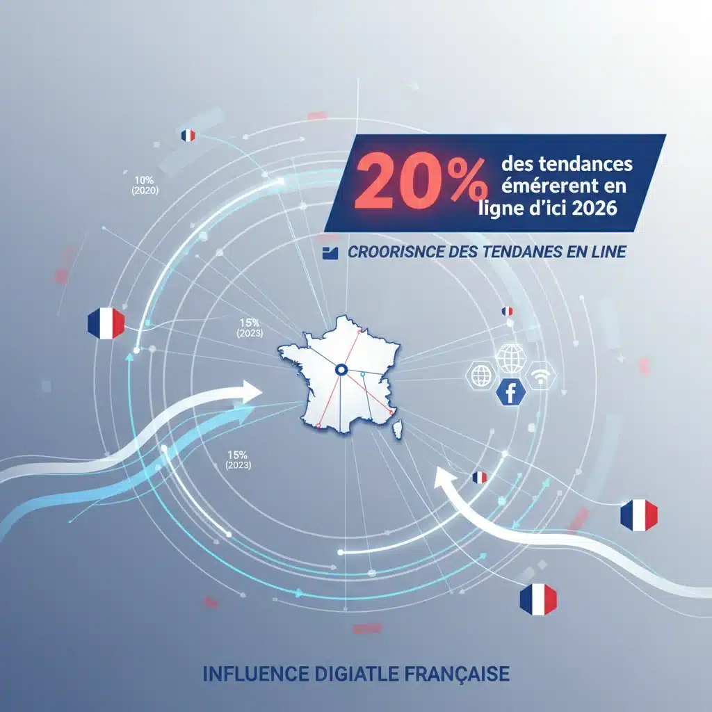 Infographie stylisée montrant l'émergence de 20% des tendances culturelles françaises en ligne d'ici 2026.