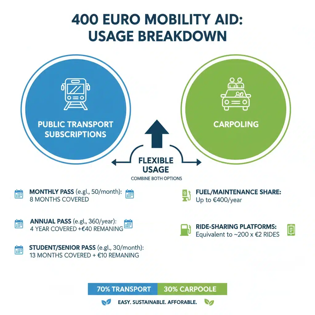 Infographie détaillant l'utilisation des aides de 400 euros pour la mobilité, avec des exemples pour les transports en commun et le covoiturage.