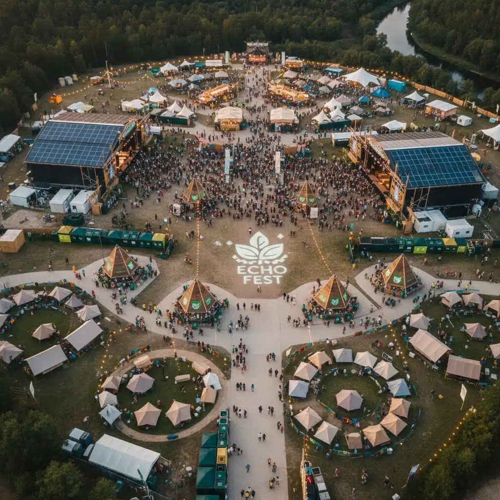 Vue aérienne d'un site de festival avec des infrastructures durables, comme des panneaux solaires et des stations d'eau réutilisables, montrant un impact environnemental réduit.
