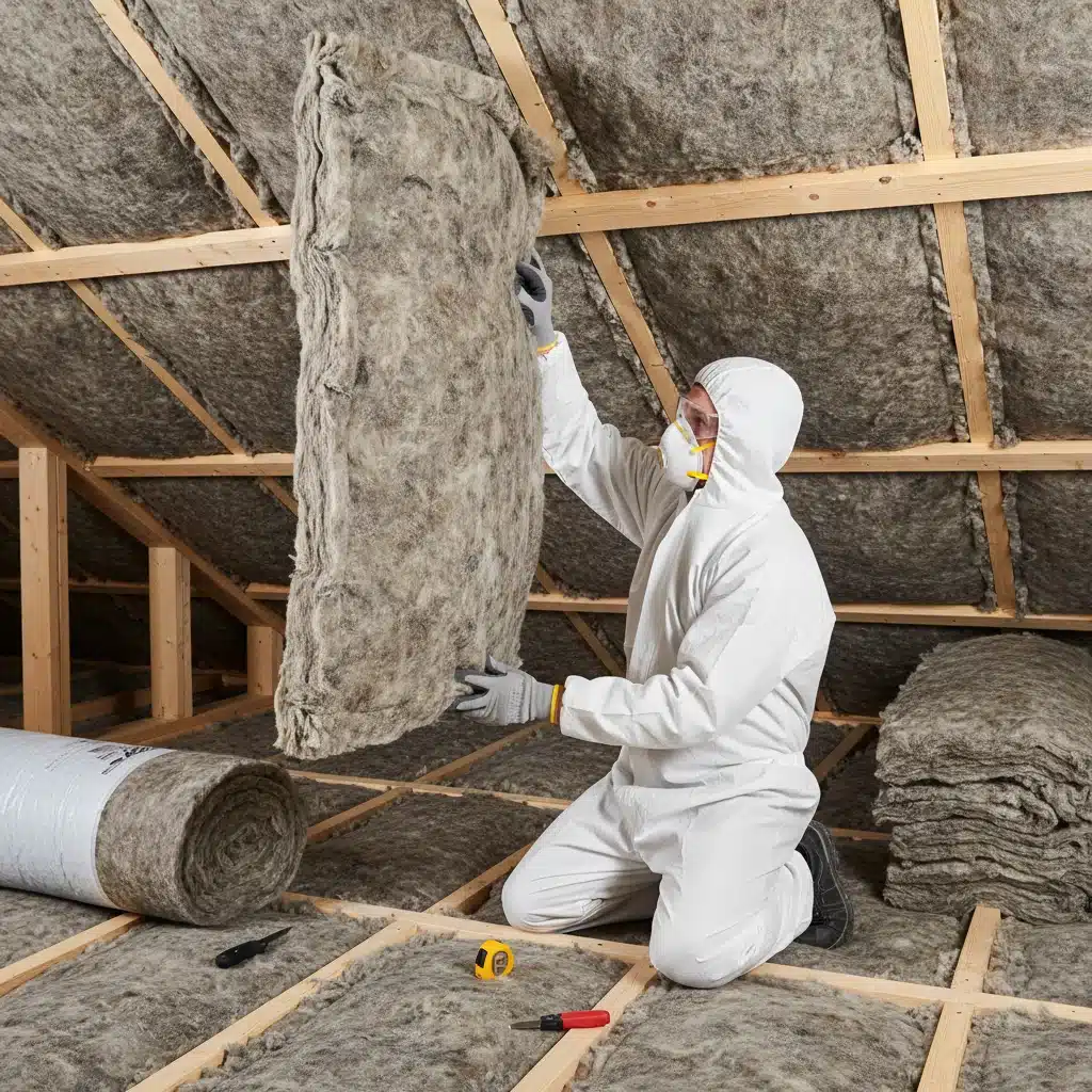 Ouvrier installant de l'isolant thermique dans des combles, illustrant des travaux d'isolation professionnels.
