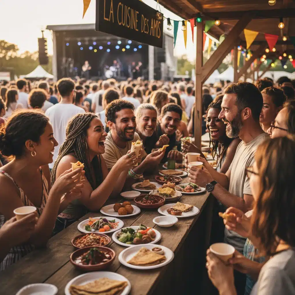 Participants de festival partageant un repas et interagissant joyeusement dans une zone de restauration communautaire.