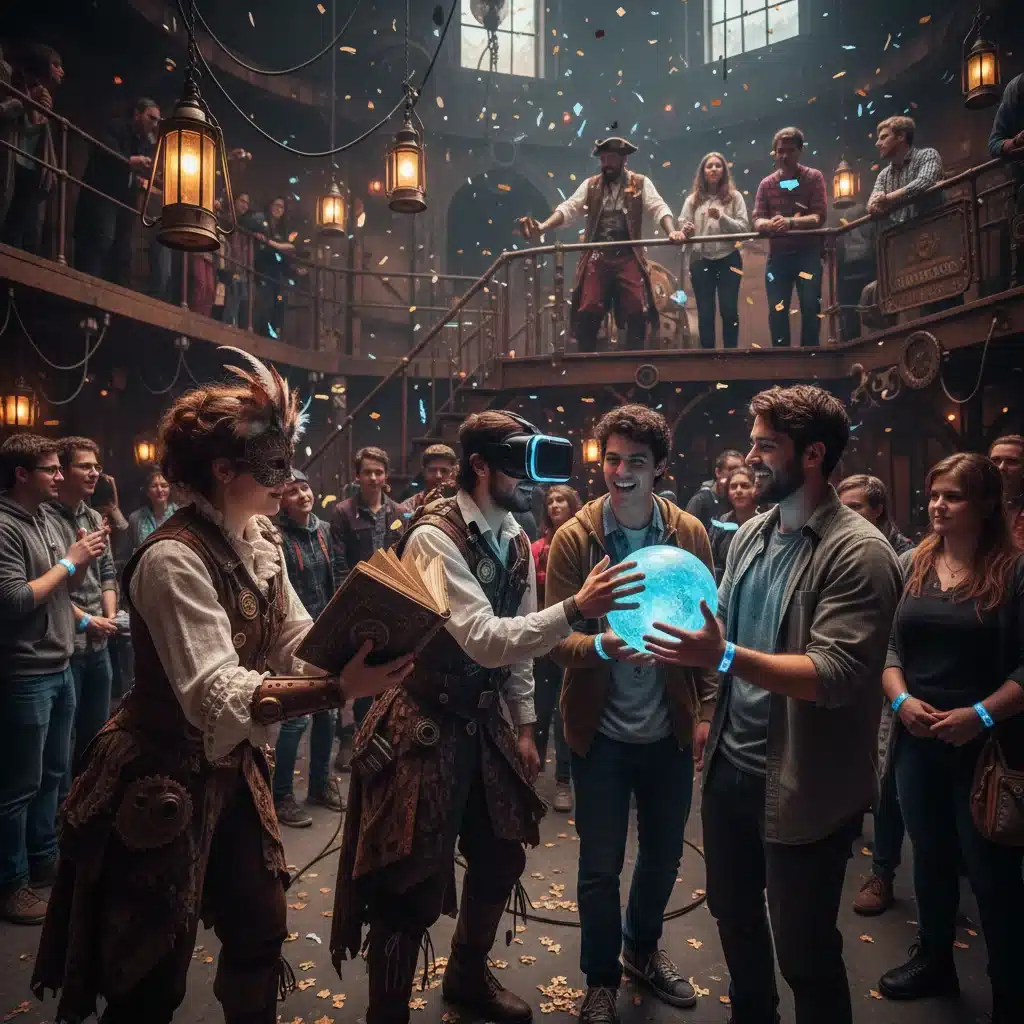 Acteurs interagissant avec le public dans un décor de théâtre immersif, brouillant les frontières entre scène et salle.