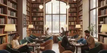 Intérieur chaleureux d'un café littéraire français moderne avec des étagères remplies de livres, des fauteuils confortables et des tasses de café.