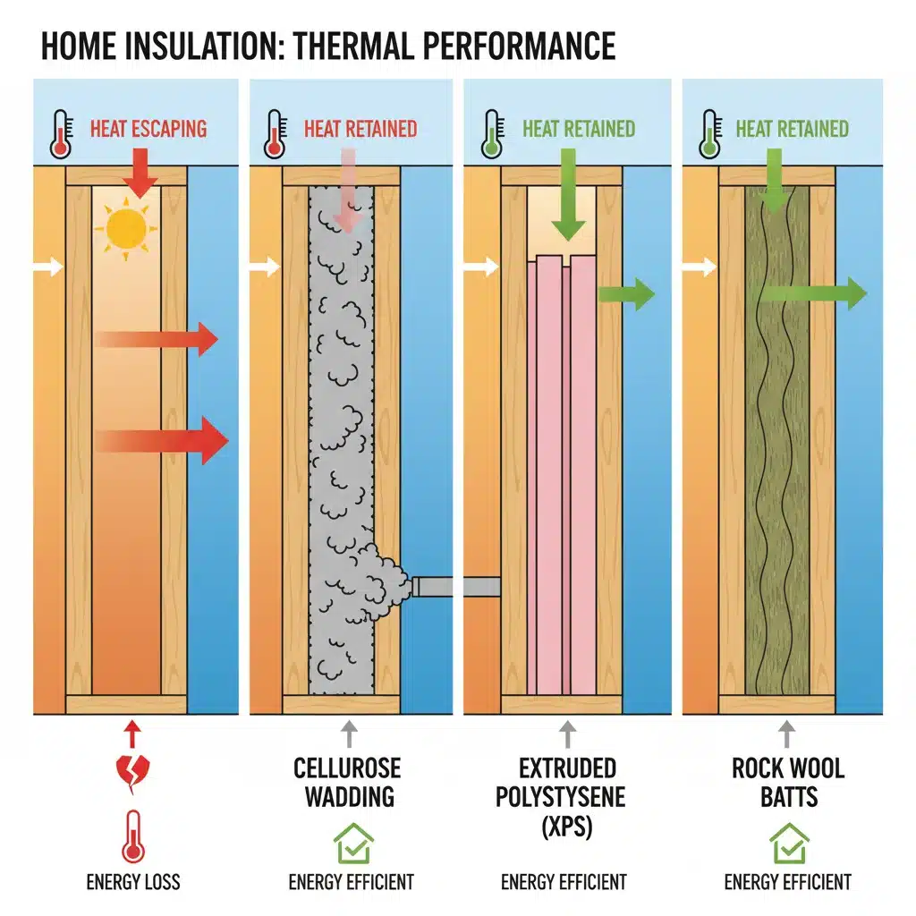 Schéma comparatif de l'isolation thermique des murs avec divers matériaux.