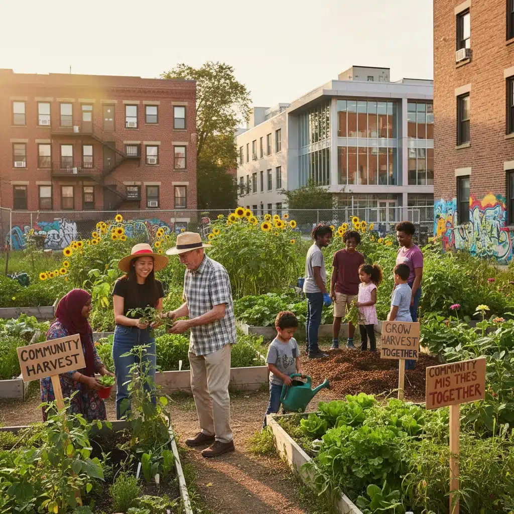 Personnes de générations et cultures variées travaillant ensemble dans un jardin communautaire urbain, symbolisant le vivre-ensemble.